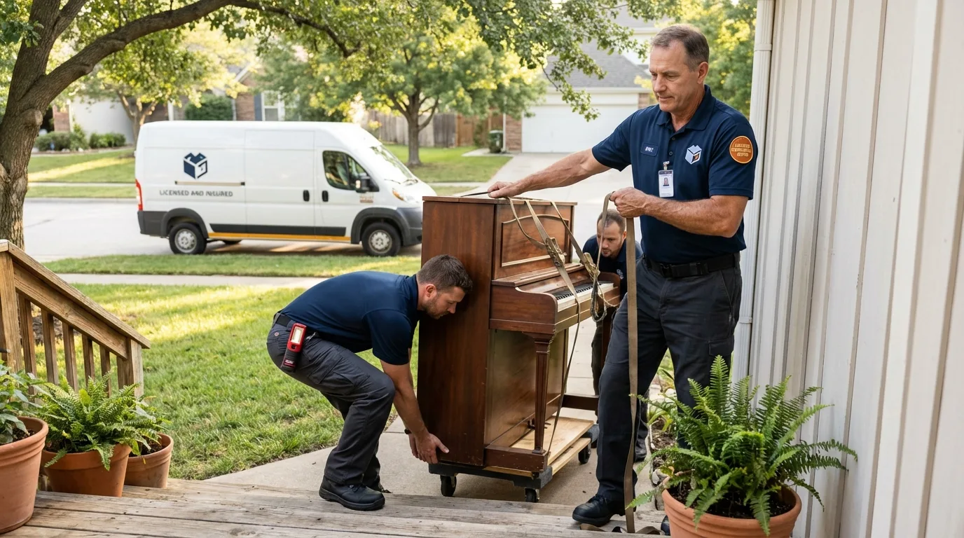 Licensed piano movers securing grand piano in Convoy, OH